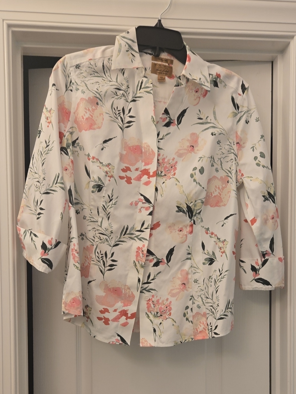 Taylor White Button-Down Blouse with Pink Floral Print
